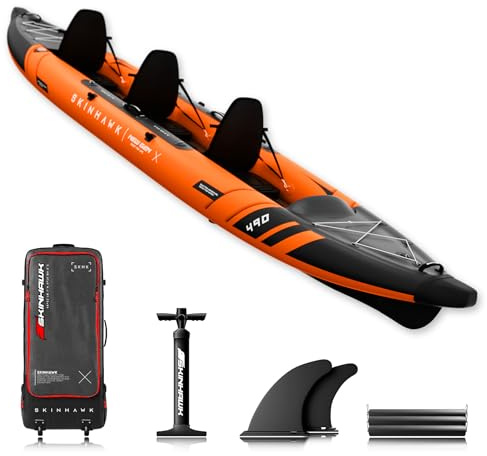 SKINHAWK Prestige Orange Kajak Set 490 – Schlauchboot – Kanu - 490 x 96 cm - 3 Personen Kajak (Set ohne Paddel)
