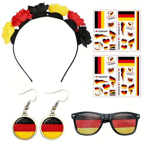 Zosutetoxo Set di Articoli per Tifosi della Germania da 7 Pezzi per Donne, Cerchietto Orecchini Occhiali da Sole Adesivi Tatuaggio, Set da Tifoso per la Coppa del Mondo di Calcio e Feste a Tema