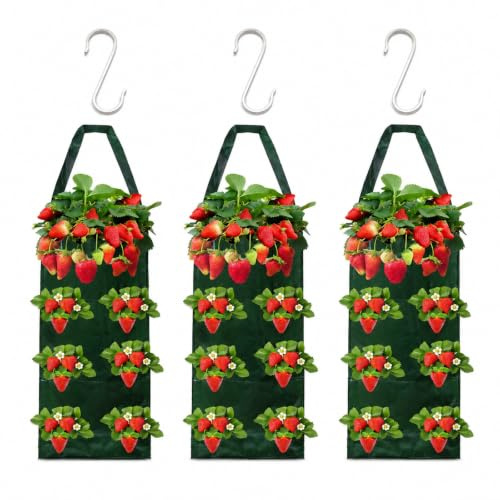 Pownert 3 bolsas de plantas colgantes y 3 ganchos de acero inoxidable 304, bolsas para plantas, sacos de plantas, torre de fresas para fresas, hierbas, balcones