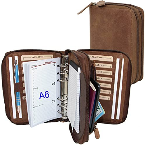 ALMADIH Leder A6 Kombimappe 2 Fächer mit Reißverschluss Kalender 2026 Rindsleder Braun Vintage Geschenkbox Ledermappe Mappe Schreibmappe Terminplaner Terminkalender Ringbuchmappe (Kombi A6 BV)