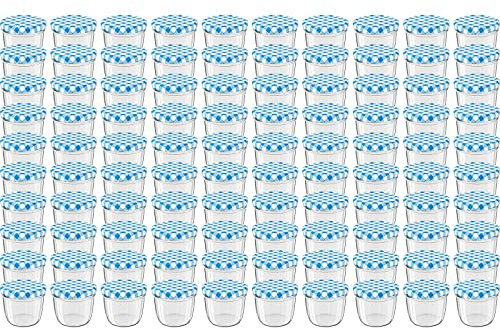 WELLGRO 100x Einmachgläser mit Schraubdeckel - 230 ml, 8,5 x 6,5 cm (ØxH), Glas/Metall, blau karierte Deckel To 82, Gläser Made in Germany, verschiedene Mengen wählbar, Stückzahl:100 Stück