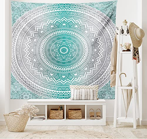 ABAKUHAUS Mandala Wandteppich und Tagesdecke, Boho Meditation Art Work aus Weiches Mikrofaser Stoff Waschbar ohne Verblassen Digitaldruck, 230 x 140 cm,Grau Teal