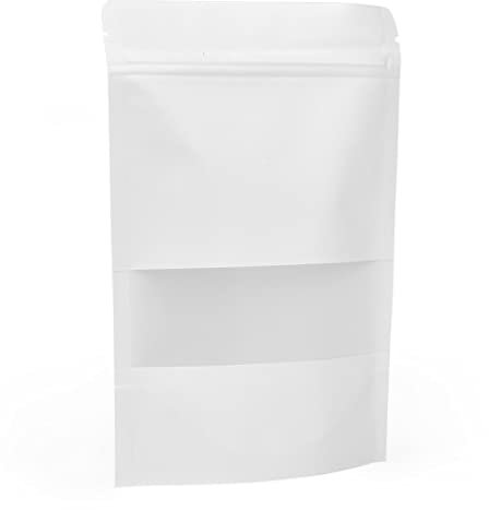 Evergreen Goods 50 pezzi di sacchetti di carta kraft bianca per alimenti (140 x 200 mm) | Sacchetti con chiusura lampo robusti e riutilizzabili con finestra | Sacchetti da imballaggio richiudibili