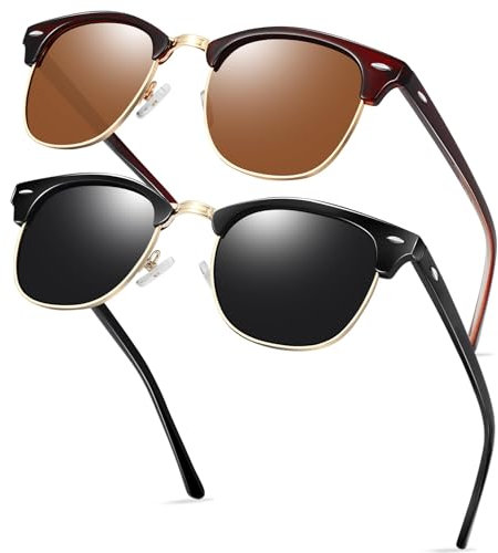 KANASTAL 2er Pack Sonnenbrille Herren und Damen Polarisiert Retro Klassische Halbrahmen Sonnenbrille mit Metallrahmen UV400 Schutz, Glänzend Schwarz und Braun Rahmen Braun Gläser