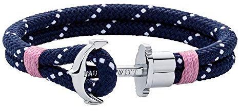 PAUL HEWITT Anker Armband PHREP - Segeltau Armband in Marineblau Weiß Rosa, Armband mit Anker Schmuck aus Edelstahl (Silber) in Größe S