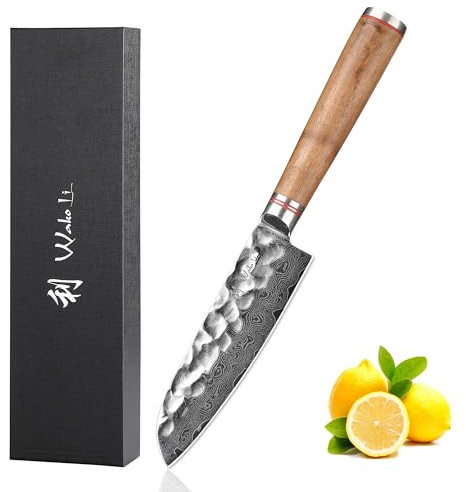 Wakoli Nussbaum Damast Kleines Santokumesser | 12 cm Klinge aus 67 Lagen Damaststahl mit VG10-Kern | ergonomischer Nussbaumgriff | für Gemüse, Fleisch & Sushi | in Geschenkbox für Profi- & Hobbyköche