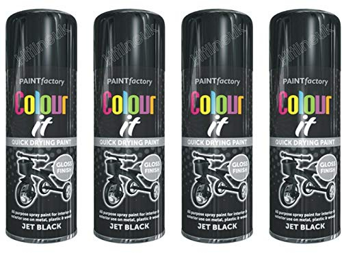 HitlineUK 4 x BLACK SPRAY PAINT GLOSS 400ML AEROSOL SPRAY CAN QUICK DRYING PLASTIC METAL COLOUR IT