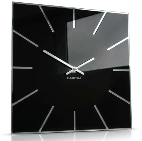 Orologio da parete quadrato Exact 30 cm di diametro, senza ticchettio, moderno, design in vetro acrilico e specchio acrilico, soggiorno, camera da letto (nero)