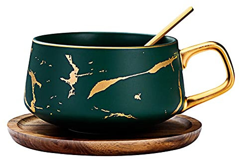 TELANKS Tea Cup and Saucer Set, Porcelain Espresso Coffee Cup Set, with Saucer and Spoon, Ceramic Mugs for Home, Restaurants - Green, 300 ml, 1 Pcs