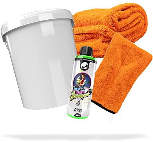 detailmate Auto Wasch Set: Nuke Guys Thick Shampoo 500ml + Waschhandschuh + Trockentuch XXL + Wascheimer 15,9 Liter mit Deckel Weiß für die optimale Handwäsche & Trocknung