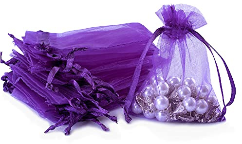 DoGeek Organza-Geschenkbeutel, klein, durchsichtig, mit Kordelzug, Netzstoff, für Süßigkeiten, Hochzeit, Party, Festival, Spiel (9 x 7 cm, Violett), 60 Stück