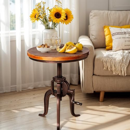 GWAREZ Industrielle Eisen Einstellbare Kurbel Akzent Tisch, Walnuss Holz Top/Kupfer Home Decor Kurbel End Tisch