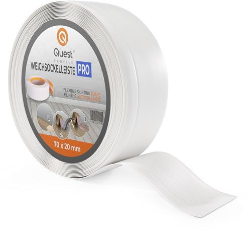 Quest Mjuk Golvlist, Mjuk Sockellist utan tejp – 70 mm x 20 mm – avslutningslist, bred böjbar list – för väggar, golv – PVC, flexibel, vattentät, dekorativ. (Vit, 25m)