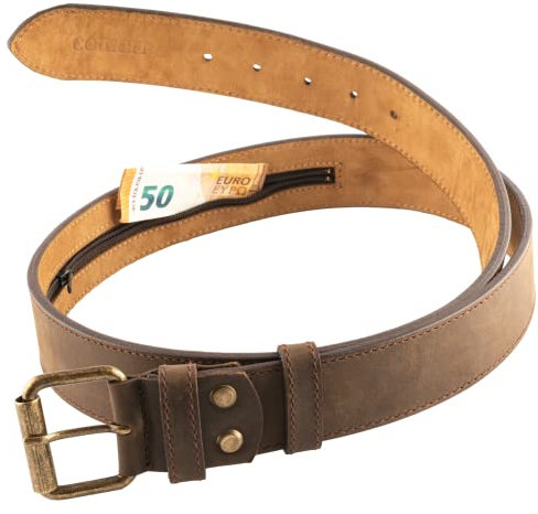 comari Premium Geldgürtel Leder Herren, Stoff-Geheimfach, Reißverschluss, Hochwertiger Gürtel für Reisen, Ledergürtel aus Handarbeit (Vintage Braun)