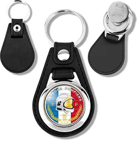 Badgmania Porte Clés Cuir Vegan Jeton de Caddie SP Casque F1 Sapeurs Pompiers Bleu Blanc Rouge Firefighter