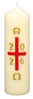 Osterkerze rotes Kreuz mit A und O, Jahreszahl 140 x Ø 50 mm