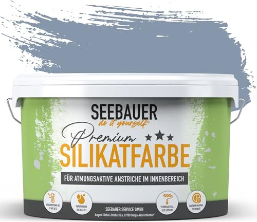 SEEBAUER diy Silikatfarbe Blau 2,5L für Innen (No. 843 Pale Heaven) Atmungsaktive Mineralfarbe für Allergiker - Abwaschbare Wandfarbe - Blautöne hohe Deckkraft