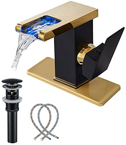 Bathroom Faucet Single Hole Handle LED Waterfall Open Spout Black&Golden Modern Brass Sink Vanity Faucets 3 Hole 4 Inch Basin Lavatory with Pop Up Drain Stopper Overflow Deck Mount Plate