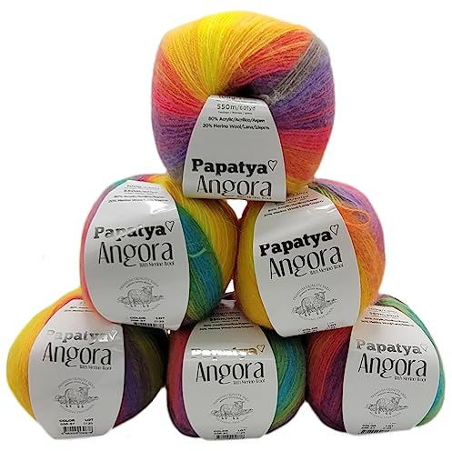 6 x 100 g Strickgarn Papatya Angora mehrfarbig mit Farbverlauf, 500 Gramm Strickwolle bunt mit Merino, Farbverlaufsgarn (regenbogen 556-37)