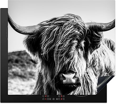 KitchenYeah© Protection Plaque Cuisson Deco Cuisine Cache Induction Protege | 59x52 cm - Pour Cuisiniere Protection Vache - Highlander écossais - Noir - Blanc - Animal - Nature - Vie sauvage