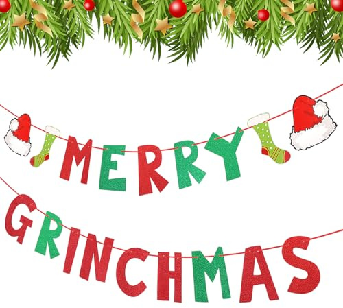 Amaxiu Weihnachten Girland Banner,Merry Grinchmas Rot Grüne Glitzerndes Weihnachts Fröhliche Deko mit Weihnachtsmütze für Den Innenbereich Partybanner Strumpffüller Ornamente Weihnachtsdekorationen