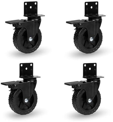 Iron Forge Side Mount Casters Set of 4 - Heavy Duty Locking Swivel Caster Wheels for Furniture Legs, Table, Workbench, Cart or Bed, Black L-Shaped Plate Castors with Knobby Tires, 600lbs Capacity