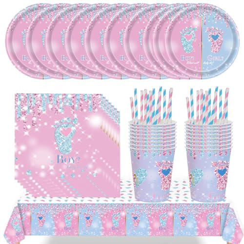 LAjuu 69pcs Vaisselle Révèle Le Genre de Bébé Girl Or Boy, Assiette, Coupe, Serviette en Papier, Paille, Nappe, Gender Reveal Vaisselle -16 bit