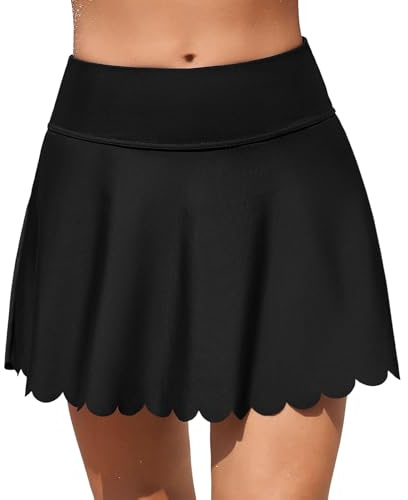 Baderock Damen mit Innenslip Schwarz Elegant Schwimmrock mit Taschen High Waist Boardshorts Badeanzug Sommer Strand Rock Tankini Bottom Bikini Shorts Gummiband A-Linie Minirock Badekleid Swimbottom