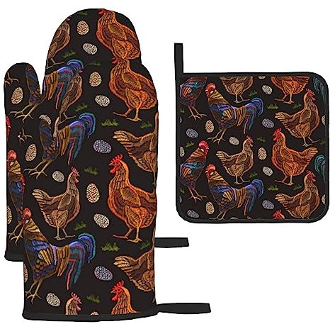 Chicken Print Heat-Resistant Oven Gloves And Pot Holders.With Lanyard,Waterproof And Durable. Used In Kitchen,Barbecue And Baking.