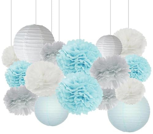 Seidenpapier Pompons Deko,Rund hängende Papierlaternen,Hochzeitsfeierdekorationen Set für Hochzeit,Babyparty Deko,Party,Abschlussball,Geburtstag,Karneval,Graduierung deko,16 Stück,Blau Weiß Grau