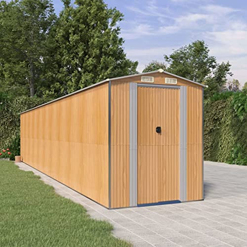 ARKEM Capanno Giardino Marrone Chiaro 192x938x223 cm Acciaio Zincato,Casetta da Giardino per Attrezzi, Capanno in Lamiera d'Acciaio con Tetto Inclinato, Ripostiglio per Attrezzi con Porte Scorrevoli p
