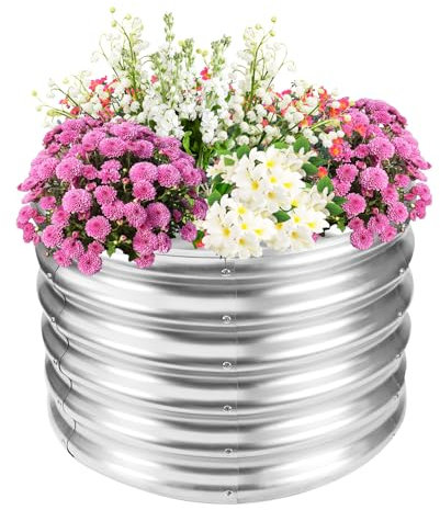 TBMLC Hoches, rundes Gartenbeet aus Metall, ca. 40 cm hoch, 60 x 60 cm groß und 0,8 mm dick, robuster Pflanzkasten für Gemüse, Blumen, Sukkulenten auf der Terrasse/Garten im Freien (Silber, 60 cm