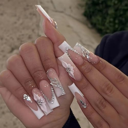 Long Square French Press-On Nails, 24pcs Acrylic Stick Design With Glue Sticker for Women and Girls - Cool Nail Tips (French Flower)