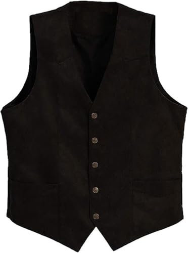 SANSIWU Men V Neck Suit Vest Single Breasted Curved Hemline Waistcoat Vintage Sleeveless Waistcoat Casual Chamois Leather Gilets (Black A, L)