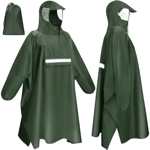Faneam Poncho de Pluie pour Adulte Imperméable Réutilisable Poncho Pluie Vélo avec Fenêtre de Vue, Bandes Réfléchissantes Cape de Pluie Unisexe pour Vie Quotidienne Cyclisme Randonnée Pêche (Vert)