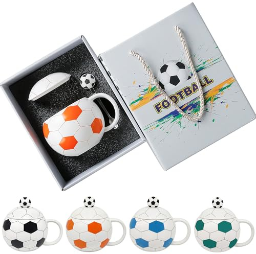 Cute Mugs 14 fl oz Unique Ceramic Coffee Mug with Lid and Spoon, Funny Mugs Cereal Bowl Soccer Gifts for Coaches Fans Players, Gag Sports Cool Stuff Cups Soccer Mom Teacups Retirement Gifts, Orange