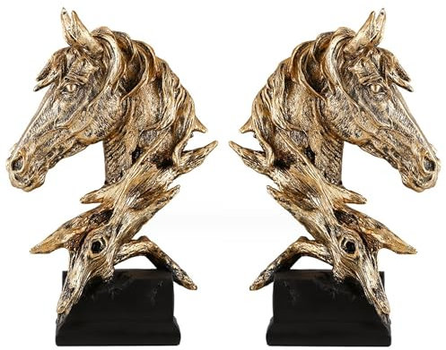 2er Set Pferdekopf Skulptur auf Sockel - Kunstharzstatue für Zuhause - Pferdestatue Kopf in Bronze - Tischdeko mit Sockel - Pferdefigur als Dekoration für Wohnzimmer, Büro - Tischdeko Dekofigur Pferd