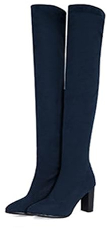 Stivali sopra Il Ginocchio da Donna in Pelle Scamosciata Elasticizzata, Stivali Alti con Punta affilata e Tacco Alto, da infilare, Forma Primaverile e Autunnale, 8,5 cm,Blu,36 EU