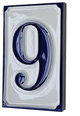Piastrelle con numero civico in ceramica bianca e blu, dipinte a mano, 11 x 7 cm (numero 9)