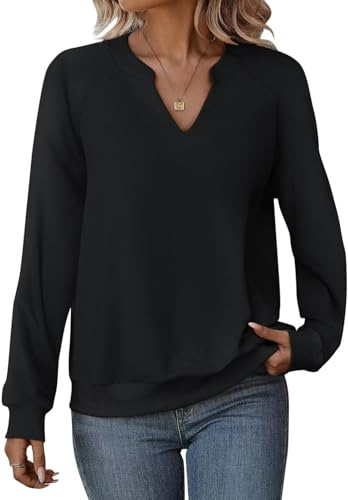Cuptacc Pullover Damen Langarmshirt Damen Oberteile Shirt V-Ausschnitt Microvelours Herbst Winter 2026 Schwarz Größe L 42-44