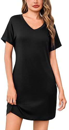 Litherday Camicia da Notte Donna Maniche Corte Vestito Cotone Estivo Casual con Scollo a V Pigiama Comodo Abbigliamento da casa