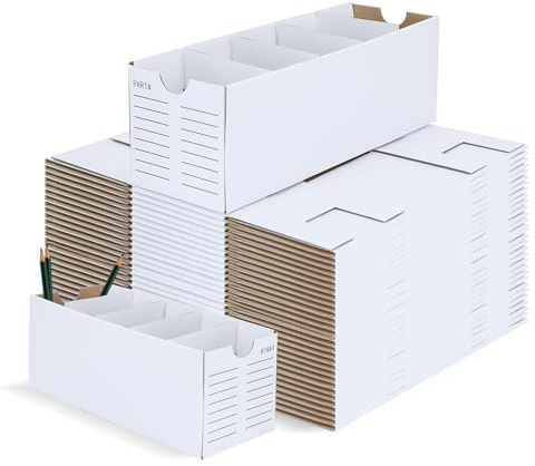 RWFMO 30 Pack Cardboard Storage Bins with Dividers, White Parts Boxes | White Cardboard Bins with 5 Compartments for Parts, Tools, Screws, Office, Garage and Workshop Storage, 31 x 11 x 10 cm