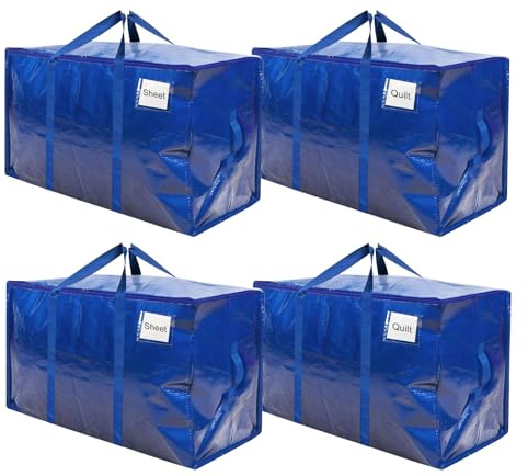 RICHIE Heavy Duty Extra Large Moving Bags with Reinforced Handle and Double Zipper - Waterproof Storage Box with Tag Window - for Christmas Decorations, Moving & Travel, 90L (Blue, 4 Packs)