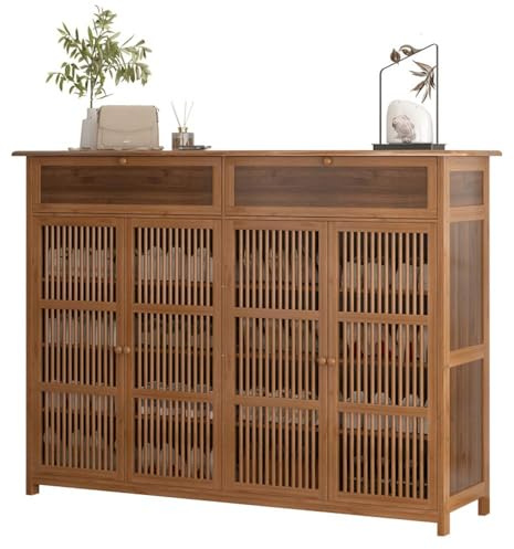 Zapatero de bambú de 4 niveles con puerta corredera y cajón, espacioso organizador de almacenamiento para sala de estar, dormitorio, pasillo, 130 x 35 x 99 cm, elegante y