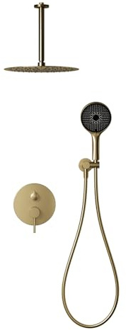 Duschsystem, Regendusche Mit Armatur, 3 Wasserflussmodi, Wassersparendes Duschsystem, Duschset Mit Regendusche Regeneffekt, Unterputz Duscharmatur, Edelstahl (Gebürstetes Gold, 40cm)