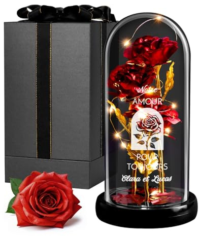 Maverton Rosa Stabilizzata in Cupola Personalizzata | Regalo Coppia Anniversario Matrimonio, Rosa Eterna con luci LED, Idee Regalo Fidanzato o Fidanzata, Dimensioni 21 cm x 11 cm