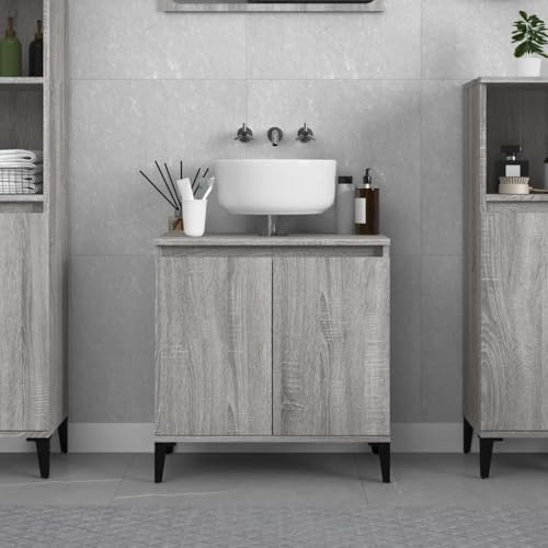 Mobile Base Lavabo in Legno con Design Salvaspazio, Ampio Ripiano e Ante Protettive, Mobiletto Sotto Lavabo Bagno, Armadietto da Bagno, Adatto a Bagno e Lavanderia, Grigio Sonoma, 58x33x60 cm