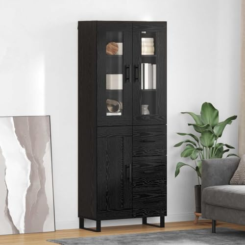 Nqyjm Storage Unit with Wooden Door 3 Drawers High Cabinet Set of 2 Black Oak Chipboard and Glass Kitchen Sideboard, Side Cabinet for Living Room Model 2