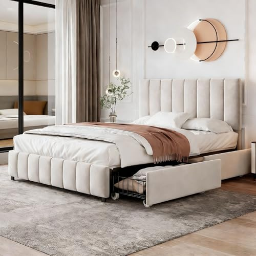 MYBOO 4ft6 Double Bed Frame with 4 Storage Drawers, Upholstered Platform Bed with Adjustable Channel Tufted Headboard, Velvet, Sturdy Metal-Wood Support, No Box Spring Needed, Easy Assembly, Beige