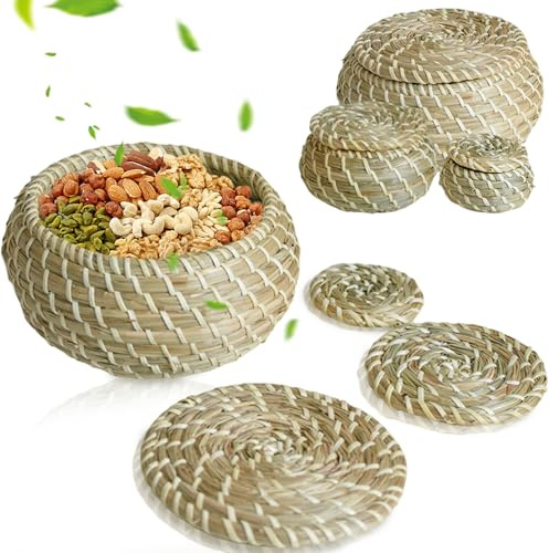 Cesta tejida con tapa juego de 3 unidades redonda de mimbre natural segura multiusos pequeña de ratán para servir comida verduras pan y encimera.